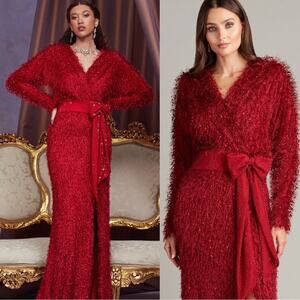 NEW NWT Tadashi Shoji Beya Eyelash Yarn Wrap Gown